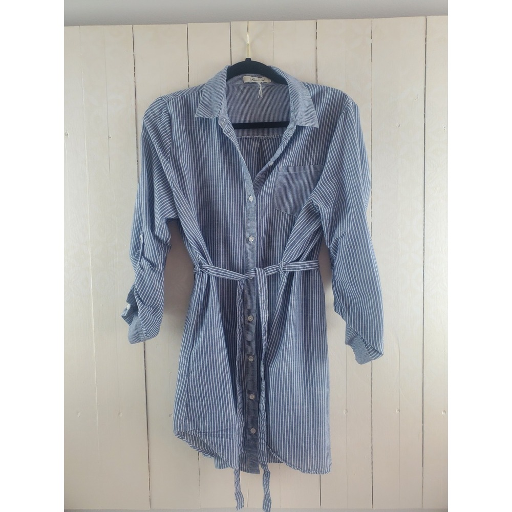 Blue White Striped Button Down Tie Waist Roll Tab Long Shirt Tunic